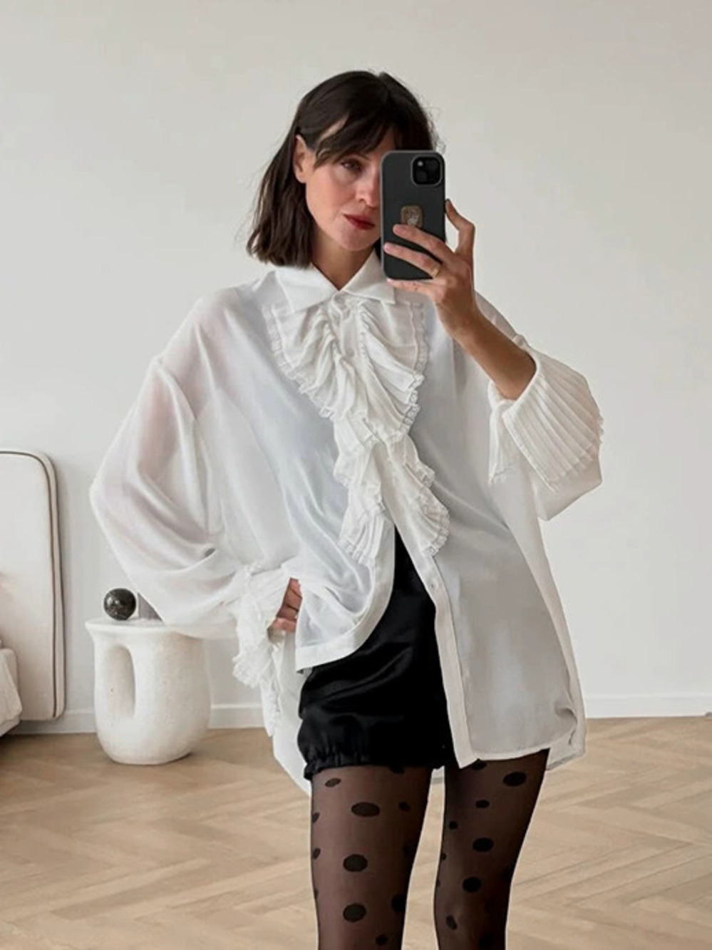 Forever 21 Spring Summer White Chiffon Long Sleeve Sheer Mid Length Blouse